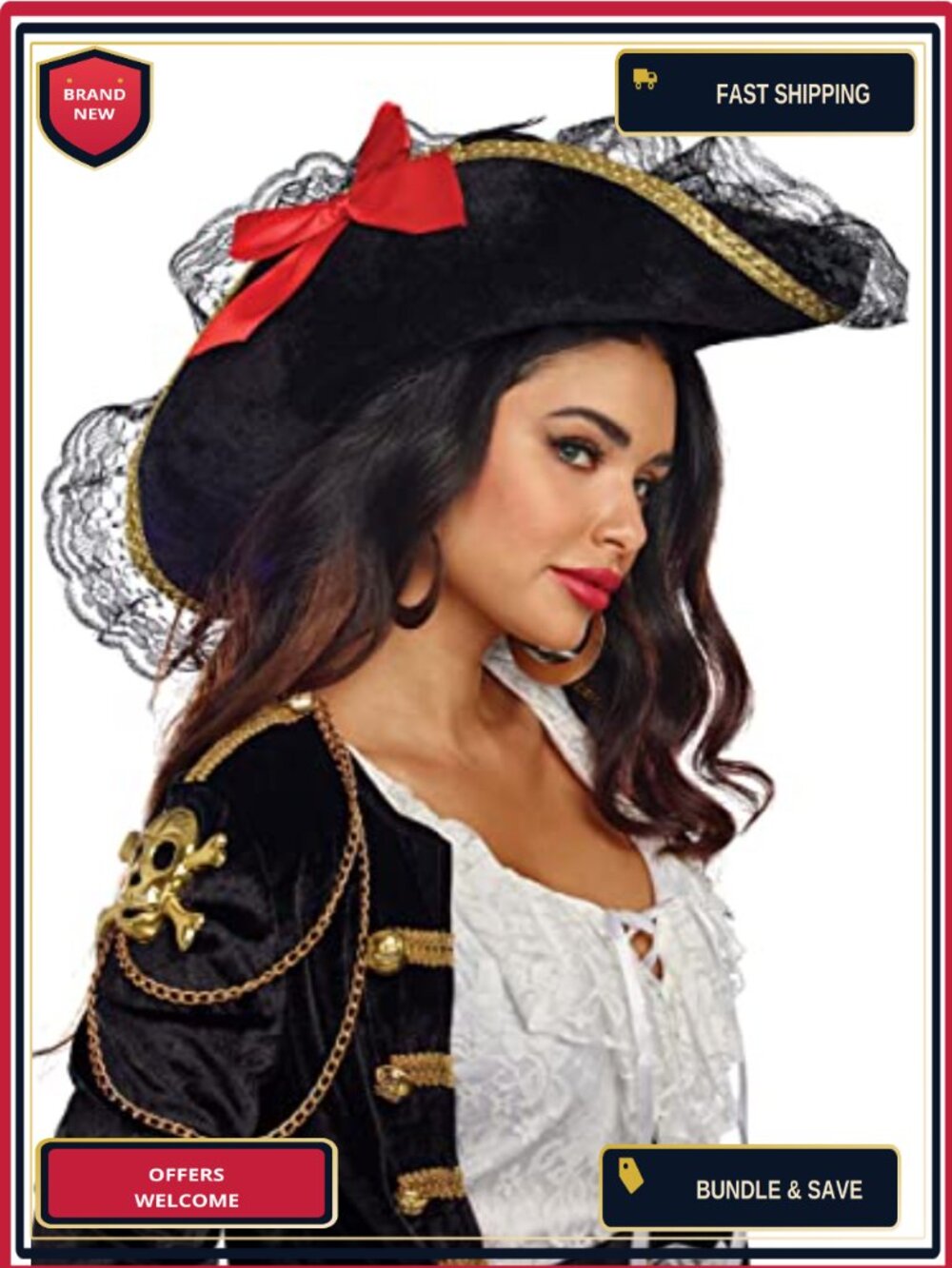 Pirate Costume Hat Satin Bows Lace Detail Halloween Accessory